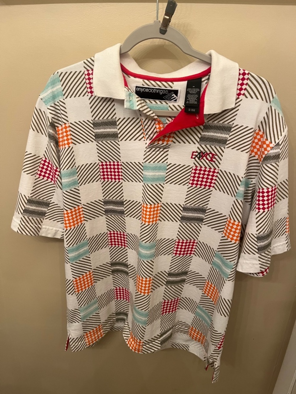 Enyce Men's White Patterned Polo Shirt with Red Trim